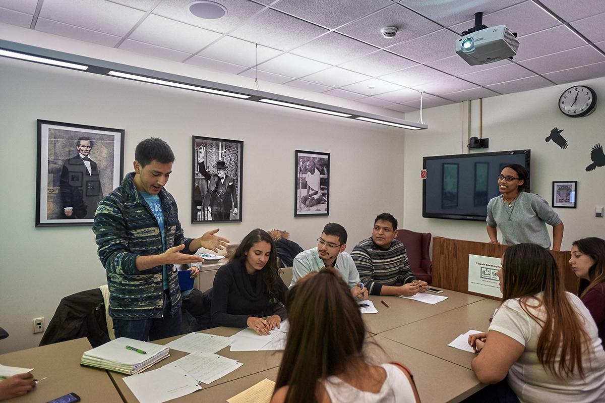 Colgate students hone their skills during a meeting of the Colgate Spanish Language Debate Society.