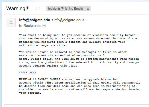 Screenshot of an example of a phishing email