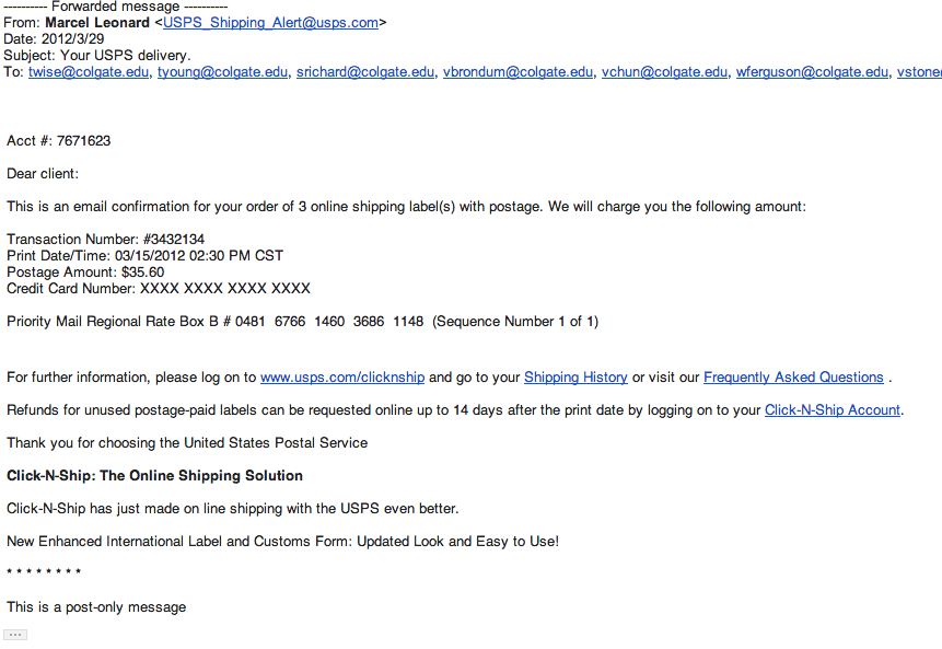 Screenshot of a shipping fraud phishing email