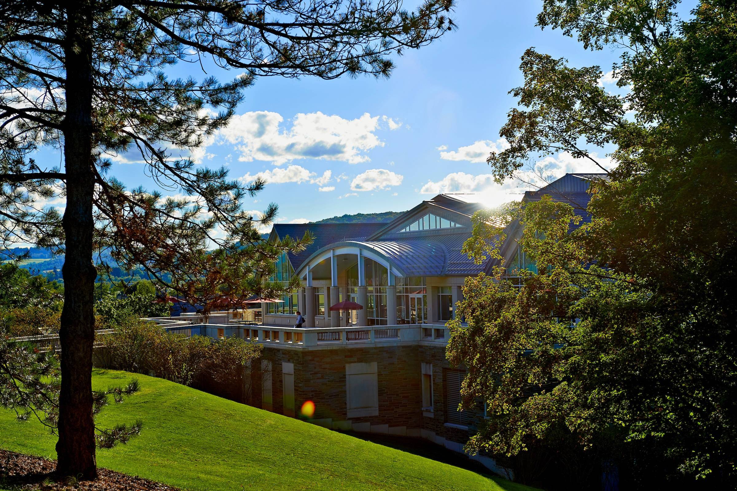Case-Geyer Library at Colgate University, with a lush green lawn and trees under a clear blue sky.