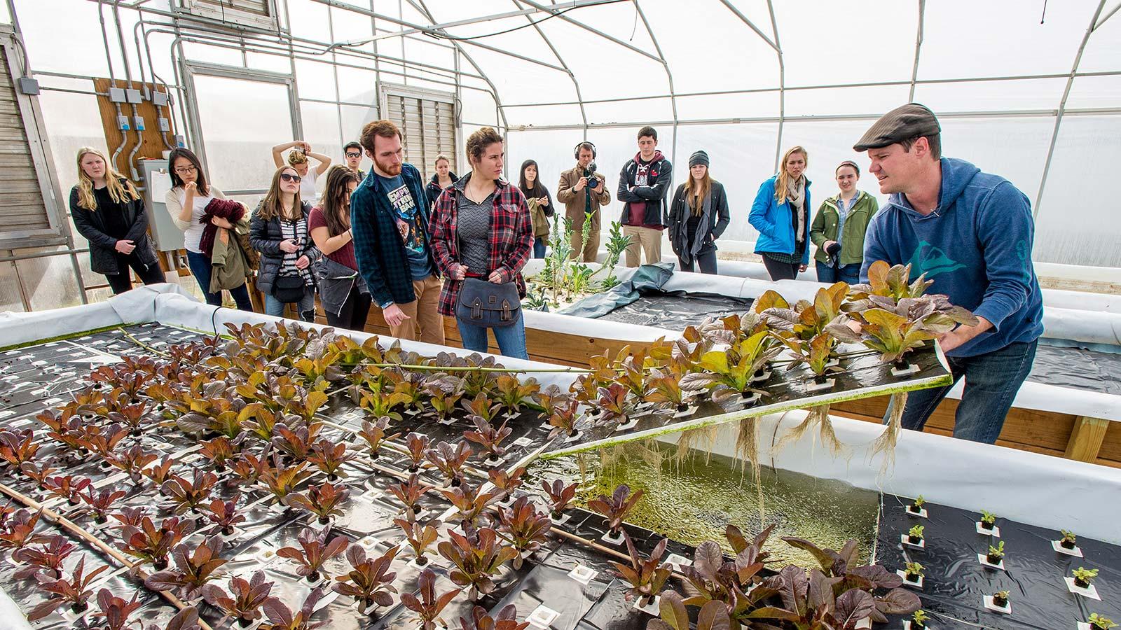 Owner of the Aqua Dulce urban organic farm and aquaculture facility, Jack Waite, shows students how the facility operates.