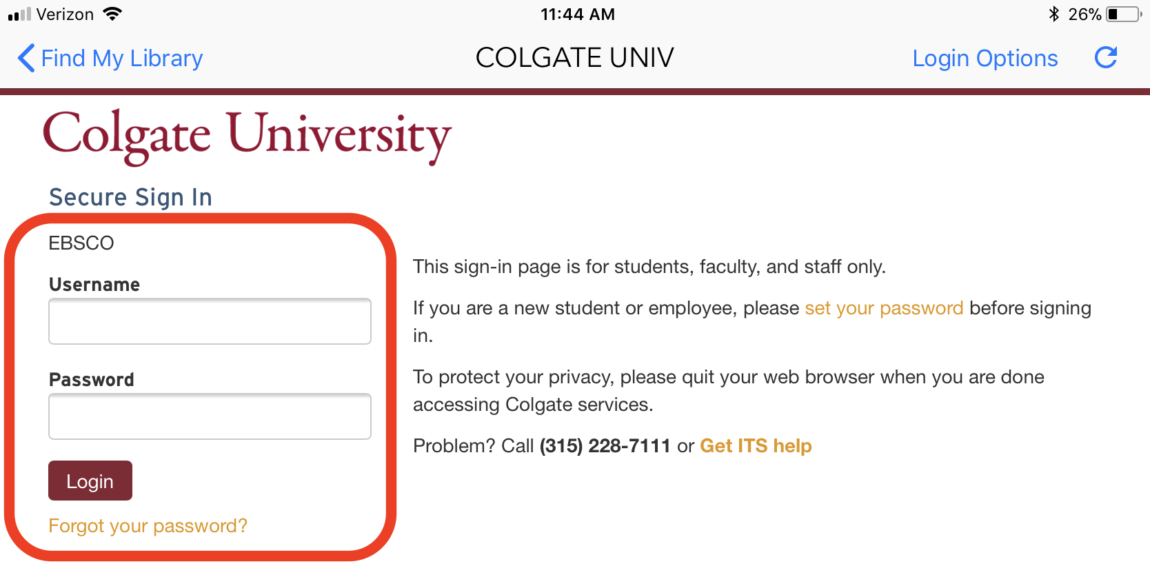 Screen shot of the Colgate network login screen