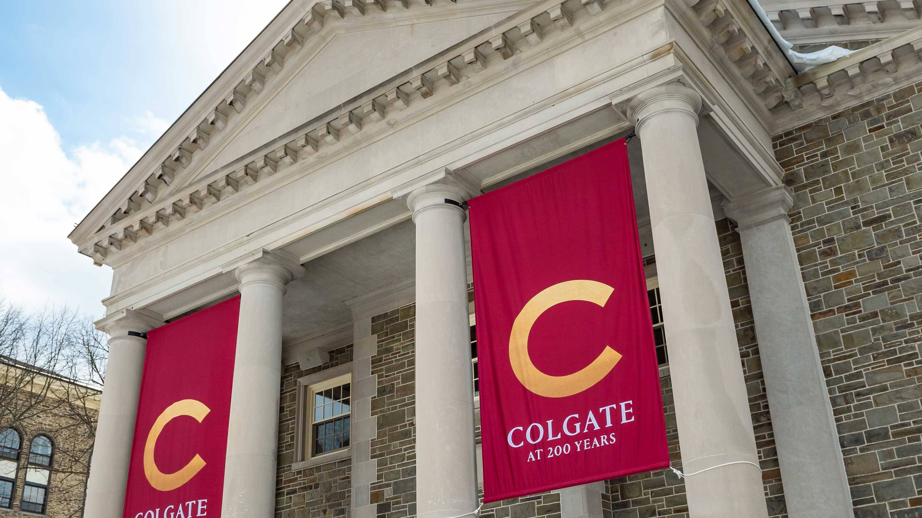 Chapel columns with Colgate at 200 Years banners