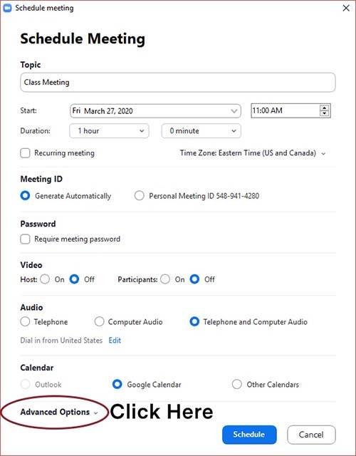 Screenshot showing the location of the Advanced Options menu in Zoom