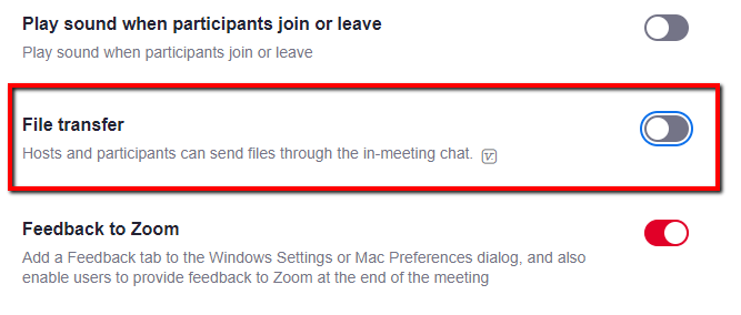 Screenshot showing how to disable file transfers in Zoom