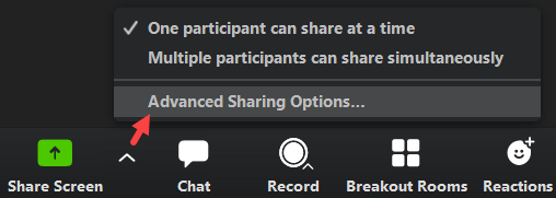 Screenshot showing how to get to Zoom advanced sharing options