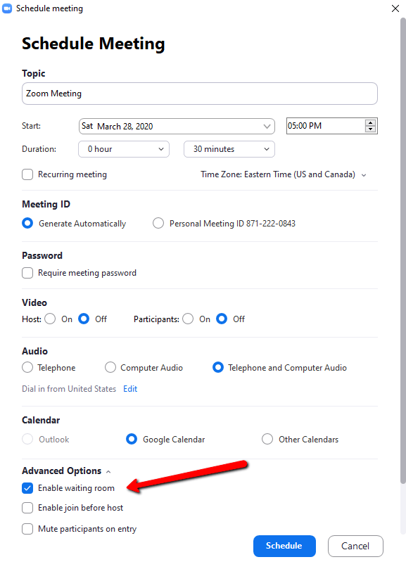 Screenshot showing the meeting options with Enable Waiting Room selected