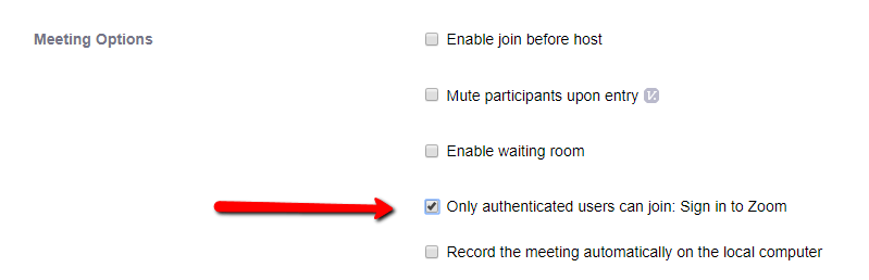 Screenshot showing the meeting options showing Only Authenticated users can join: Sign in to Zoom