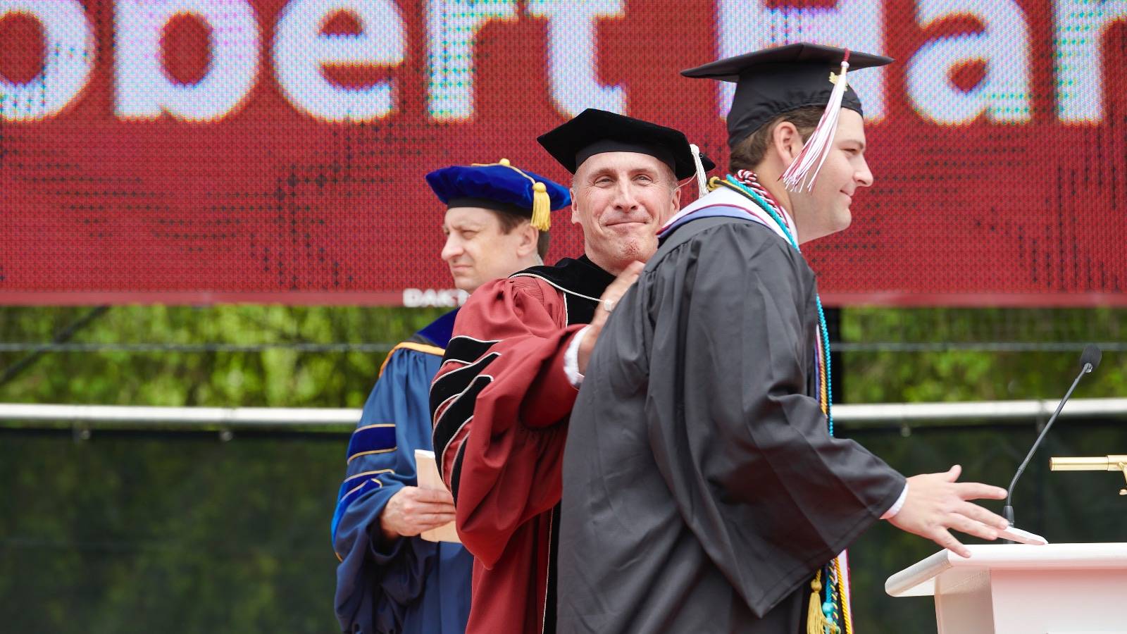 Michael Hanratty ’24, class of 2024 valedictorian, congratulated by President Casey during Commencement.