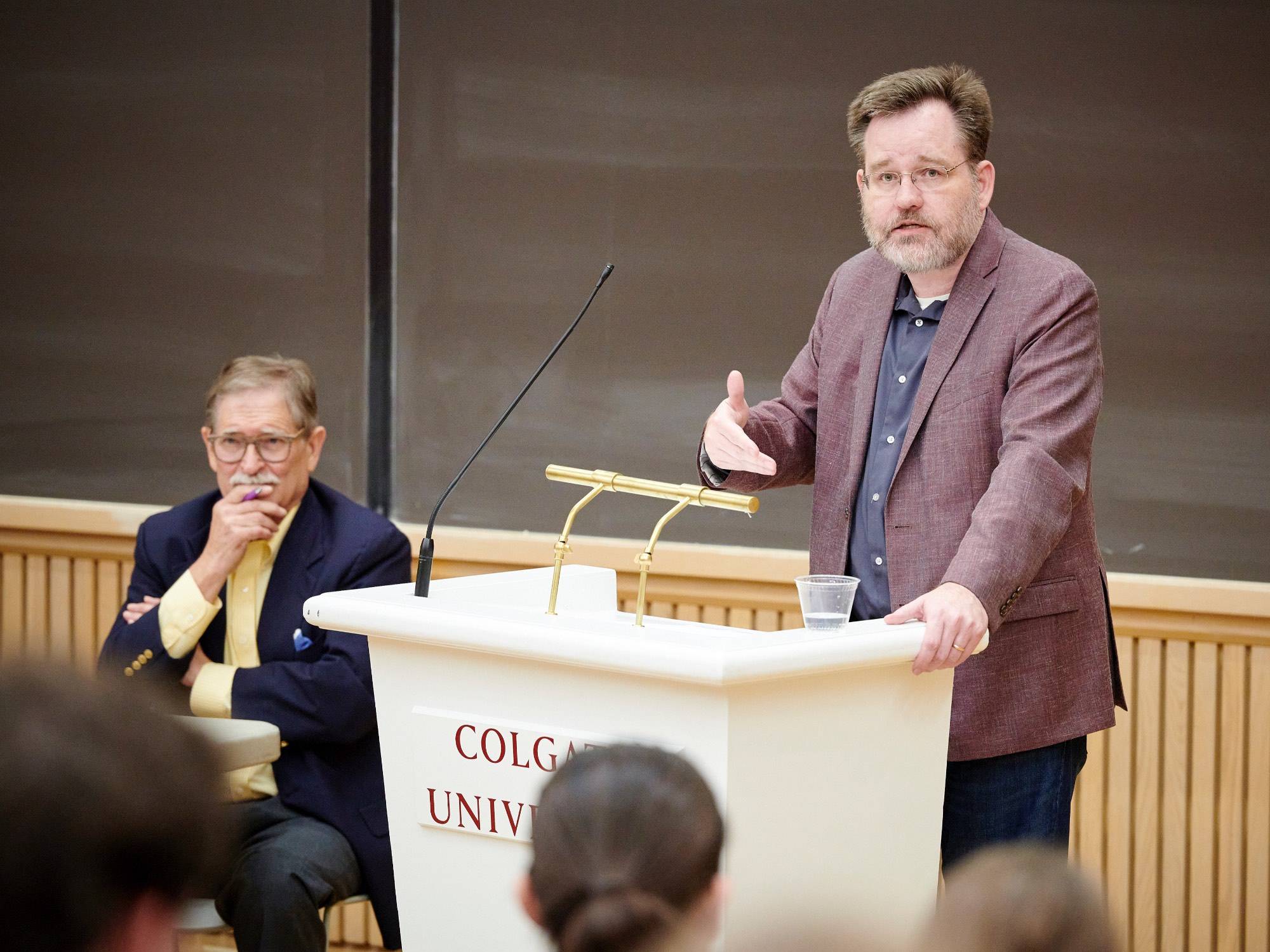 Keith Whittington of Yale Law School (right) speaks during the 2024 Constitution Day Debate Sept. 12, with debate moderator and Professor of Political Science Stanley Brubaker (left).