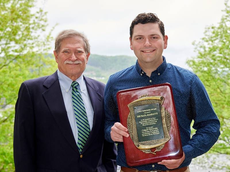 Michael Hanratty ’24 is the 2024 recipient of the Brian Horey ’82 Civic Freedom Award, seen here with his faculty sponsor, Stanley Brubaker, professor of political science.