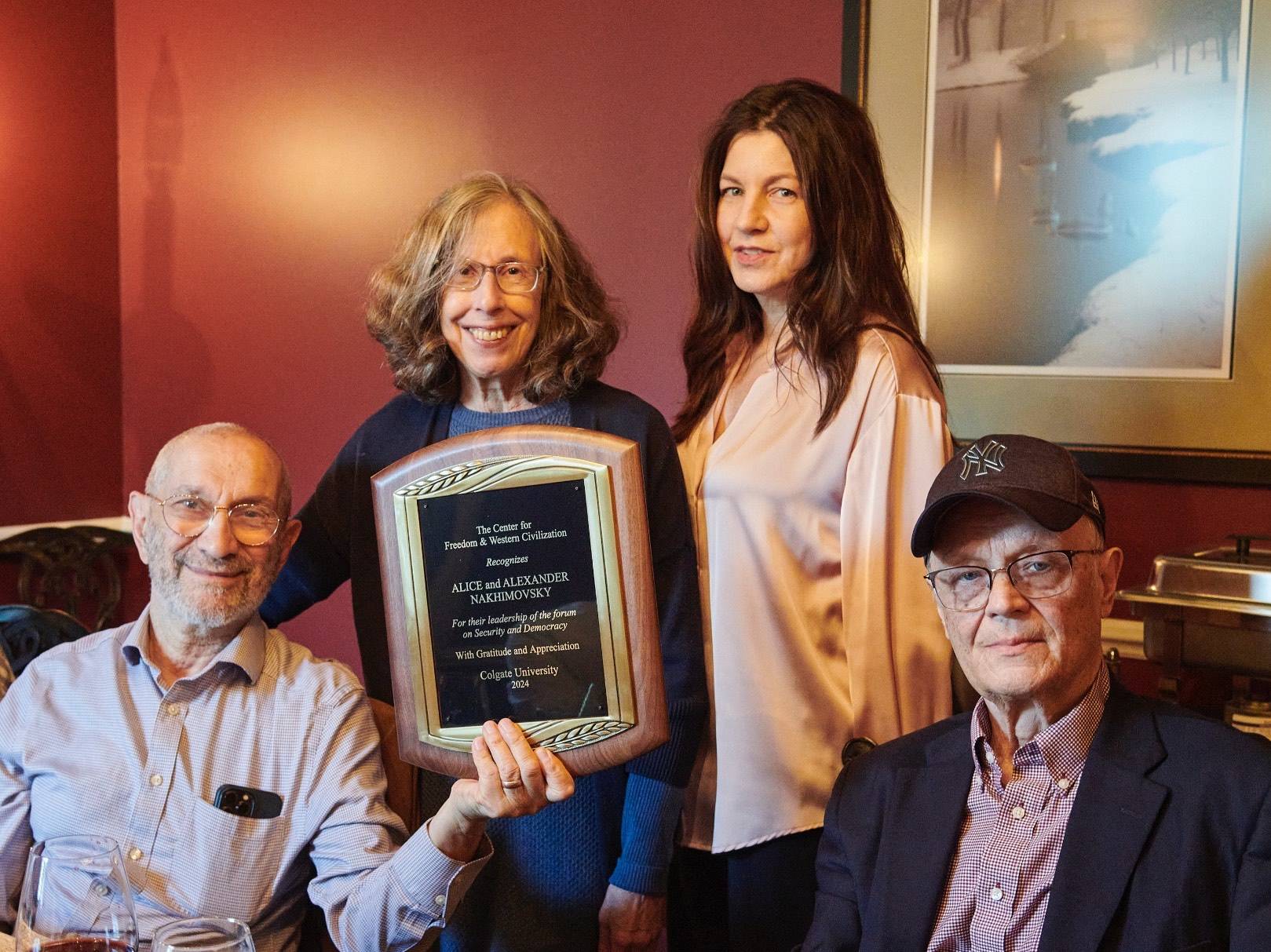 Professors Alexander and Alice Nakhimovsky attend a retirement dinner for Center faculty in May 2024 with Center for Freedom and Western Civilization Co-Directors Carolyn Guile and Robert Kraynak. 