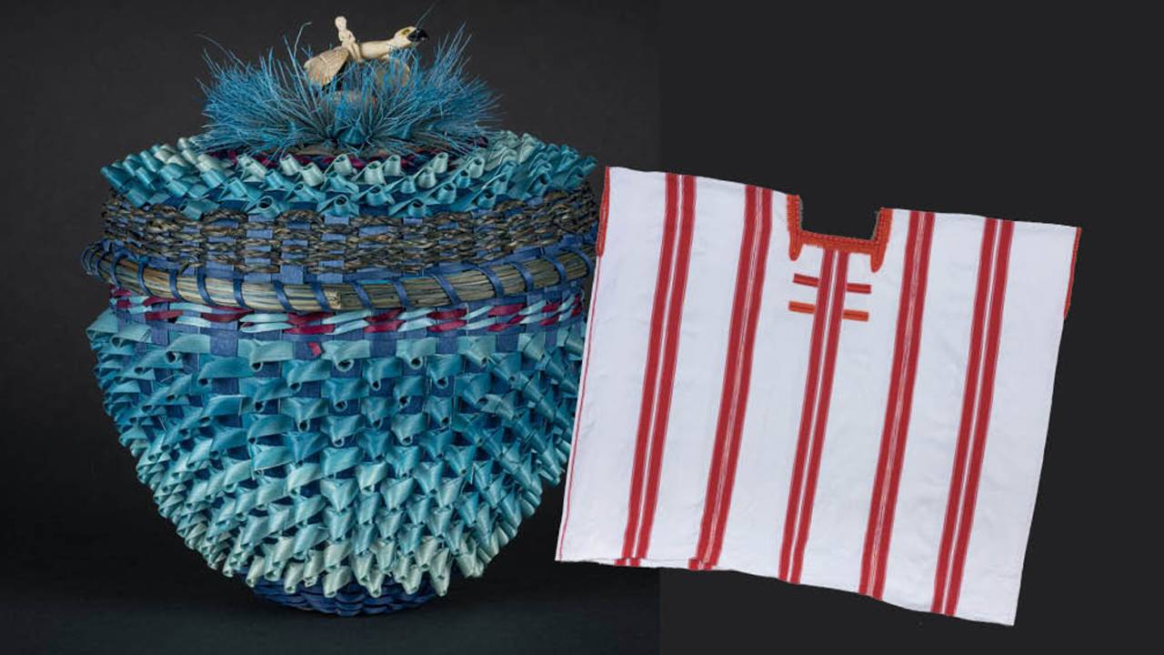 Sky Woman Basket, 2022, Ronni-Leigh Goeman (Onondaga), Eel Clan, and Stonehorse Goeman (Tonawanda Seneca Nation), Hawk Clan, UM2023.1; Huipil Tradicional (Traditional Huipil or Woman’s Blouse), 2024, Jalabil Weaving Collective, Oxchuc, Chiapas, Mexico, 2024.01.1