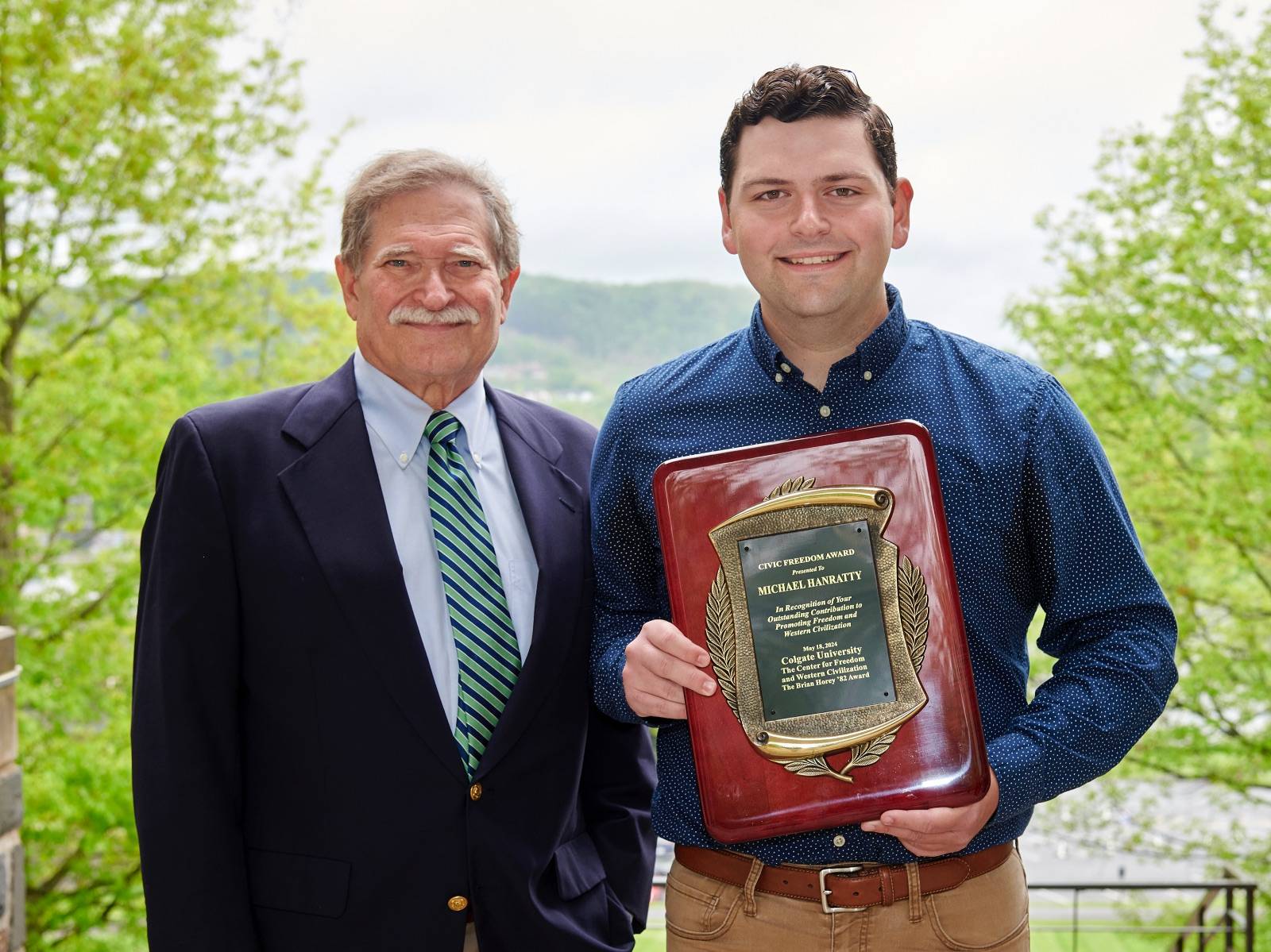 Michael Hanratty ’24 is the 2024 recipient of the Brian Horey ’82 Civic Freedom Award, seen here with his faculty sponsor, Stanley Brubaker, professor of political science. 