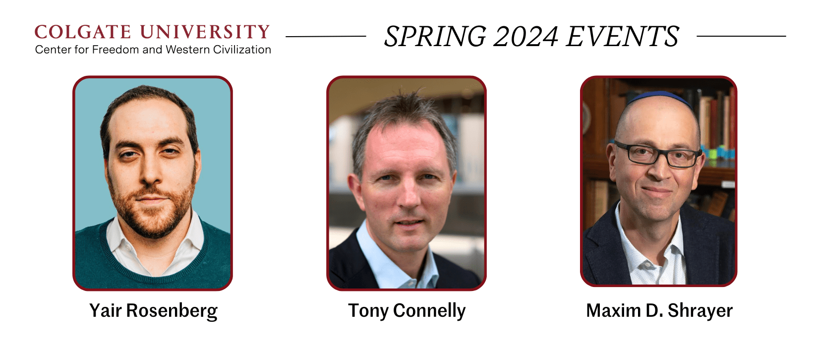 CFWC Spring 2024 Speakers: Yair Rosenberg, Tony Connelly, Maxim D. Shrayer headshot graphic