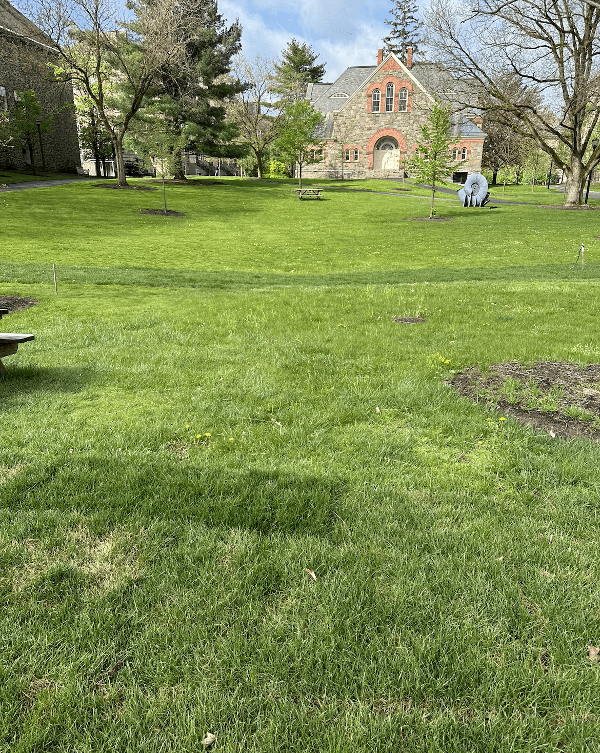 Green lawn in front of Hascall Hall, Colgate University.