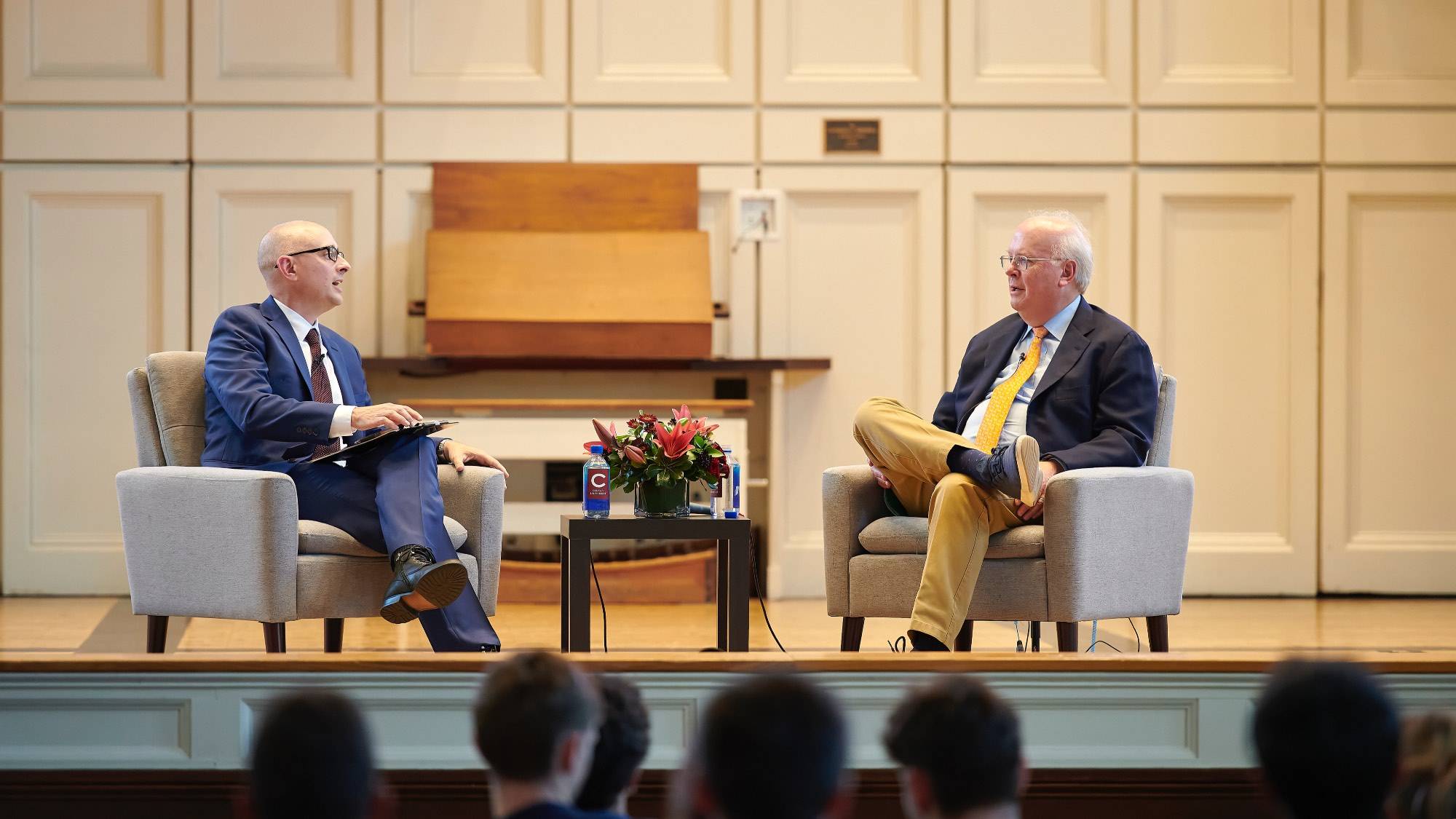 Lampert Institute Director Chad Sparber (left), shares the stage with Karl Rove, former Senior Advisor and Deputy Chief of Staff to the Bush Administration (right), during a Q&A for The Road to the White House: Colgate’s 2024 Election Series sponsored by the Office of the President and the Lampert Institute.