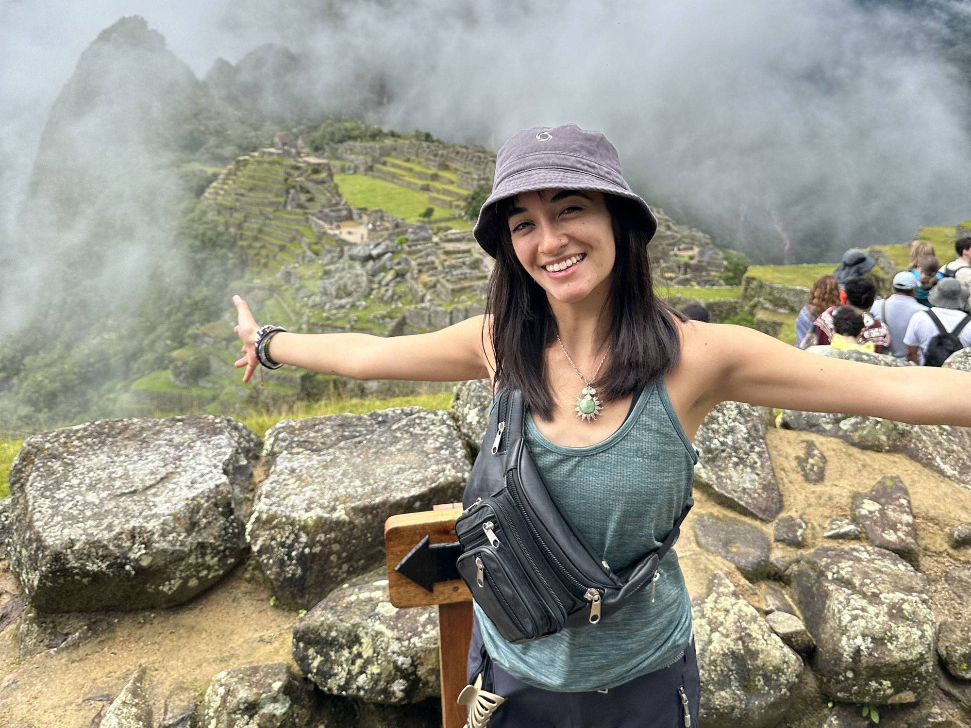 Barbara Gonzales Fuentes '25 hiking Machu Picchu (a 15th-century Inca citadel at 7,972 feet above sea level) with classmates.