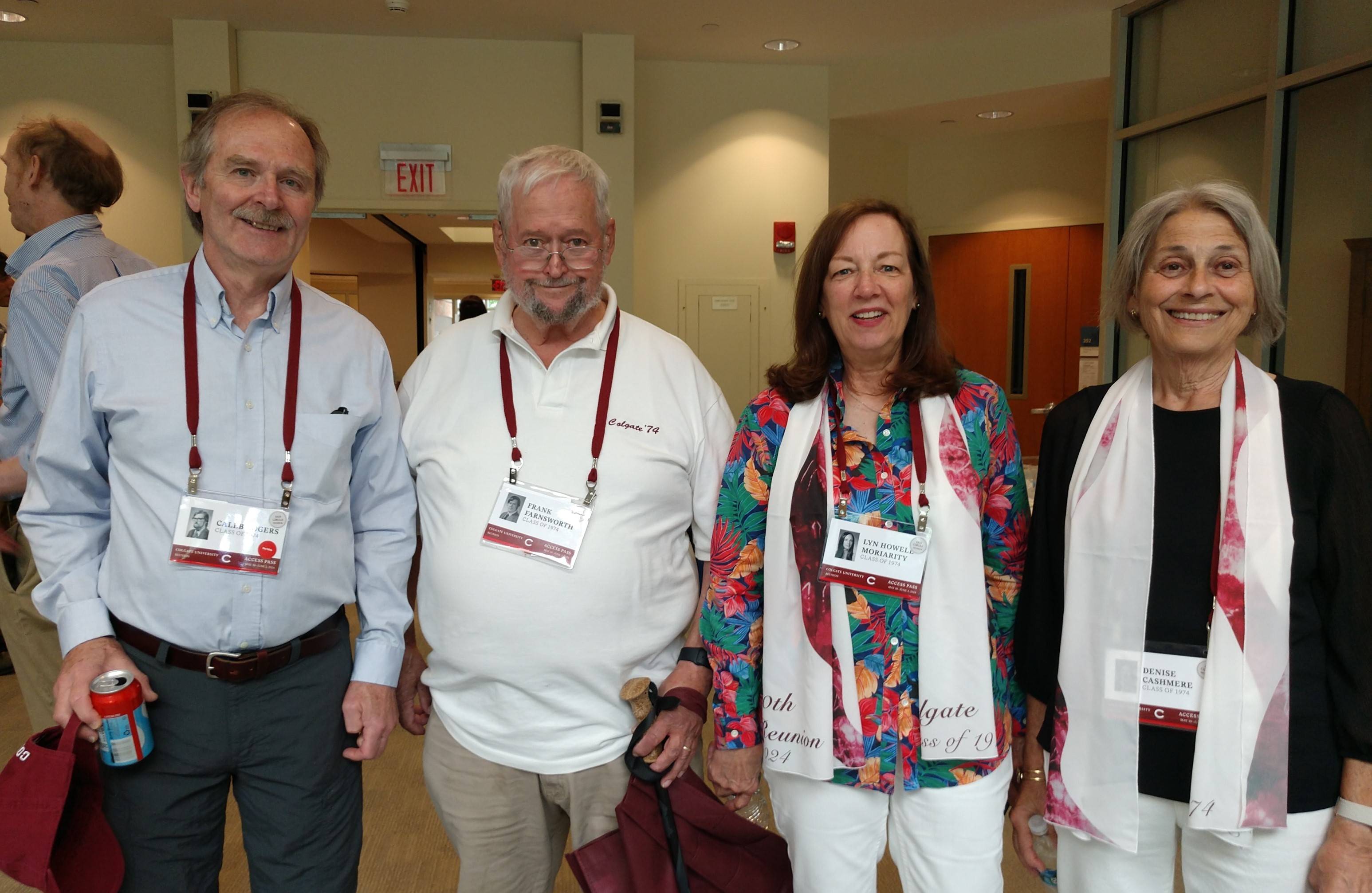 Class of 1974.  L-R:  Caleb Rogers '74, Frank Farnsworth '74, Lyn Howell Moriarty '74, Denise Cashimere '74