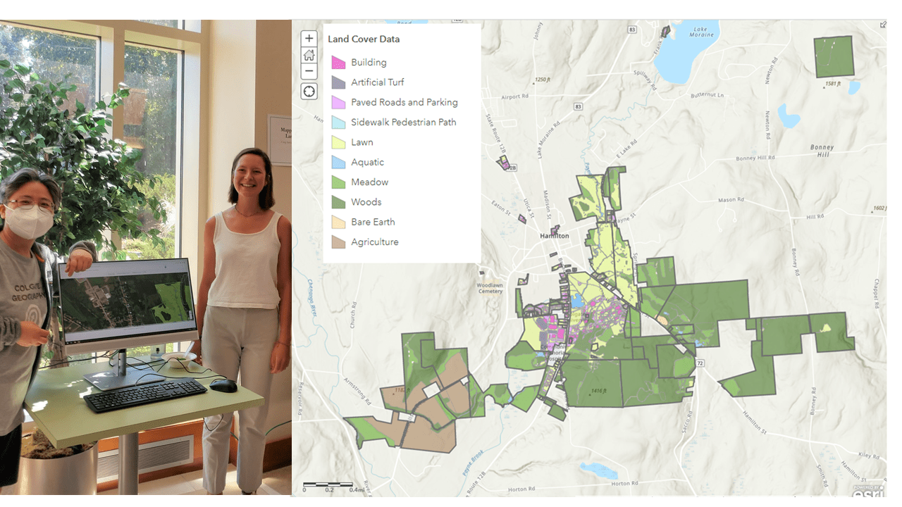 L: Myongsun Kong, Geography Department Research and Teaching Support Technician with Sophie Schadler '23 displaying the map at the Summer Research Symposium, August 2022.  R: Image of map containing Colgate’s property within the Town of Hamilton, color coded by land cover type.
