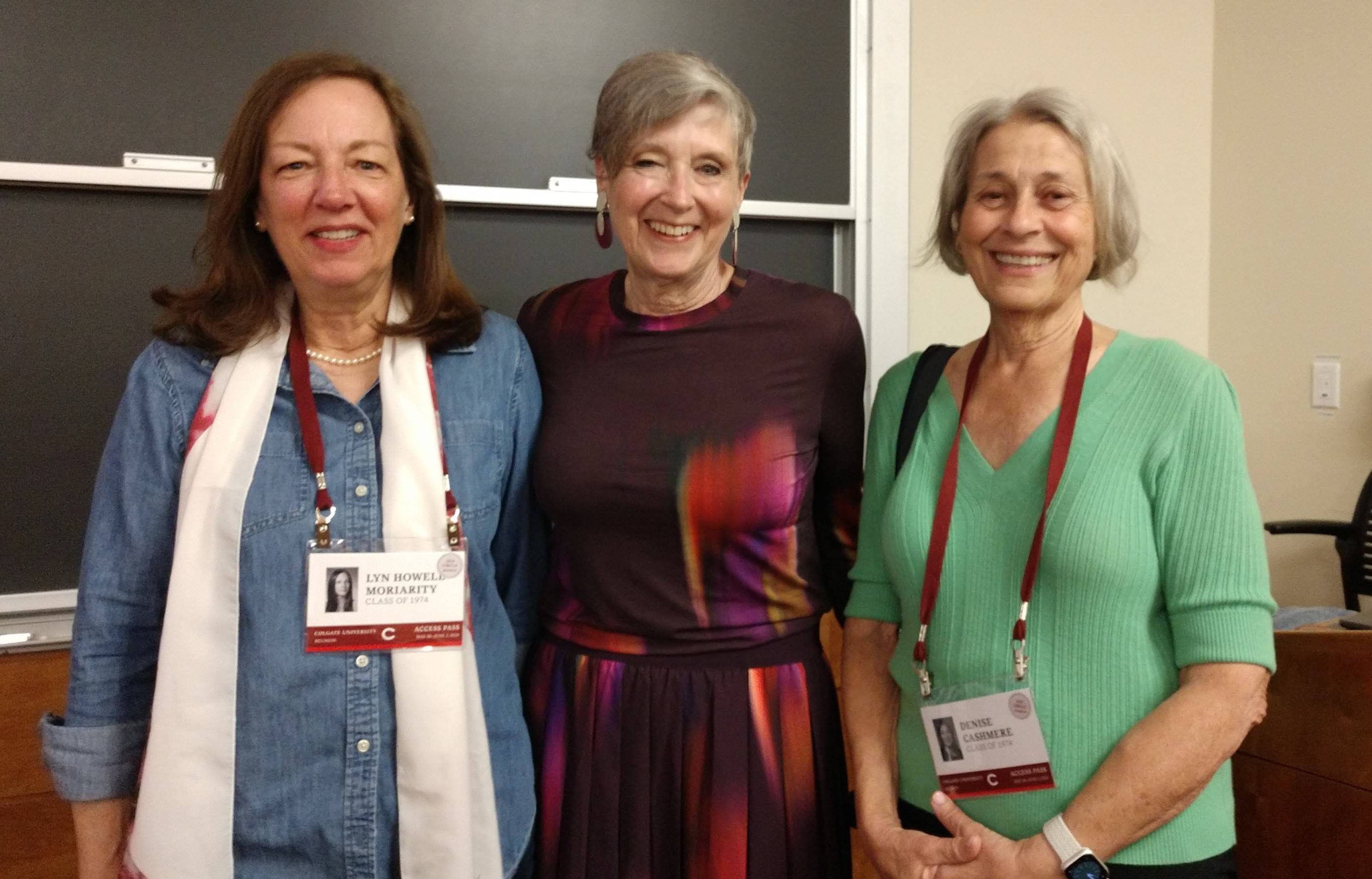 Reunion college lecture 2024.  L-R:  Lyn Howell Moriarity ’74, Professor Emeritus Ellen Kraly, Denise Cashimere ’74.