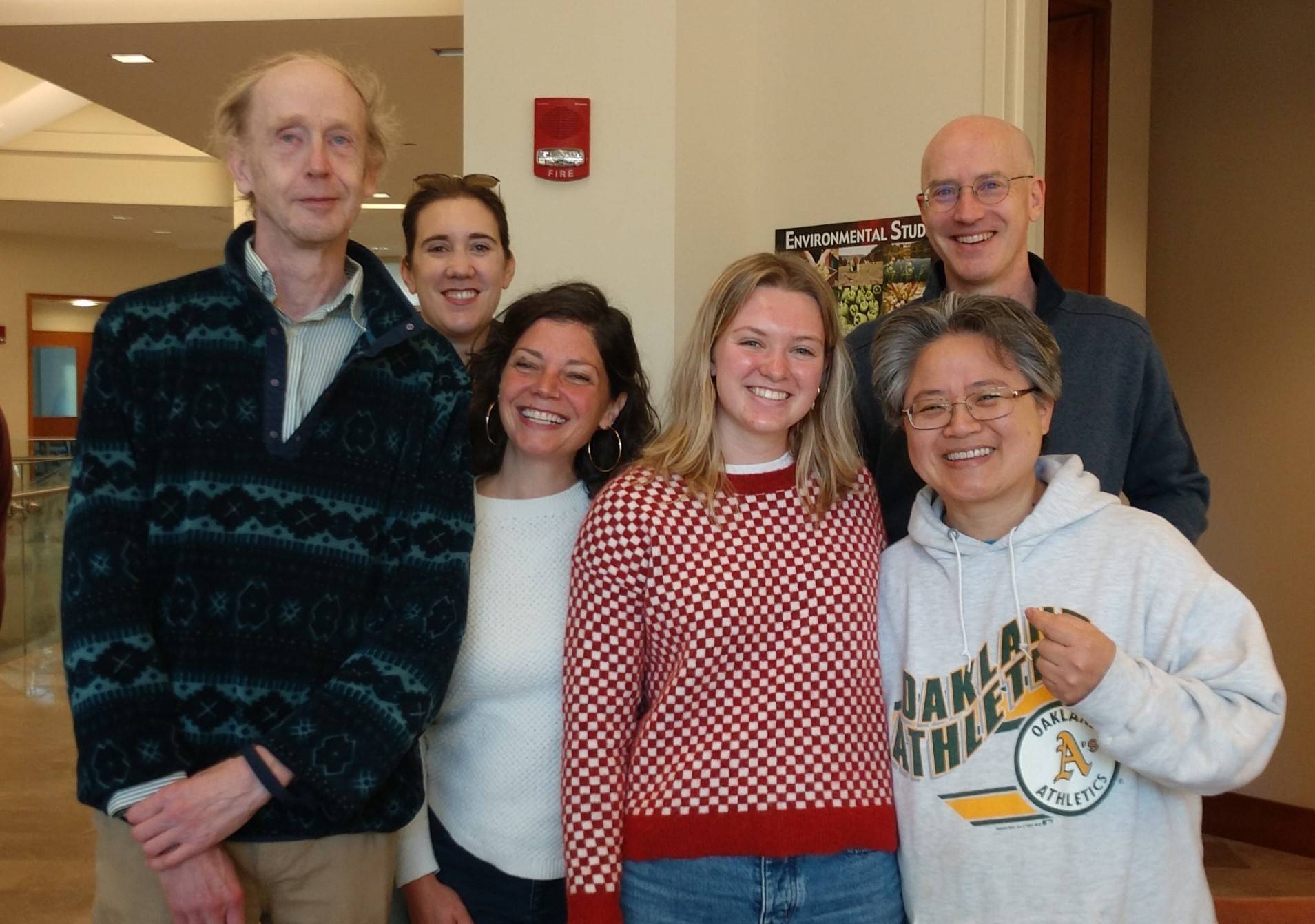 Geography faculty and student during Family Weekend 2024.  L-R: Professors William Meyer, Madeline Hamlin, Emily Mitchell-Eaton, Laura Butz '25, Professor Peter Klepeis, Myongsun Kong.