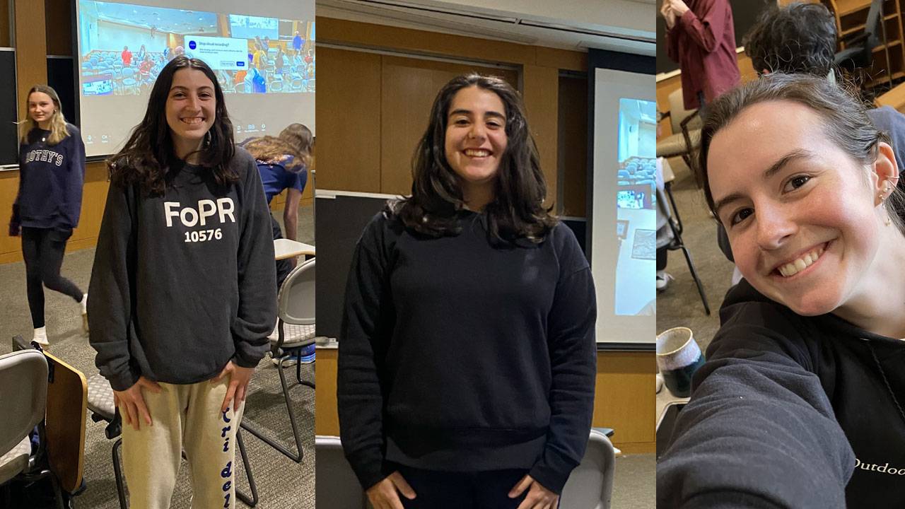 L-R: Grace Dow ’25, Jannah Zabadi ’26, and Laura Richard ’25 at geography-related events