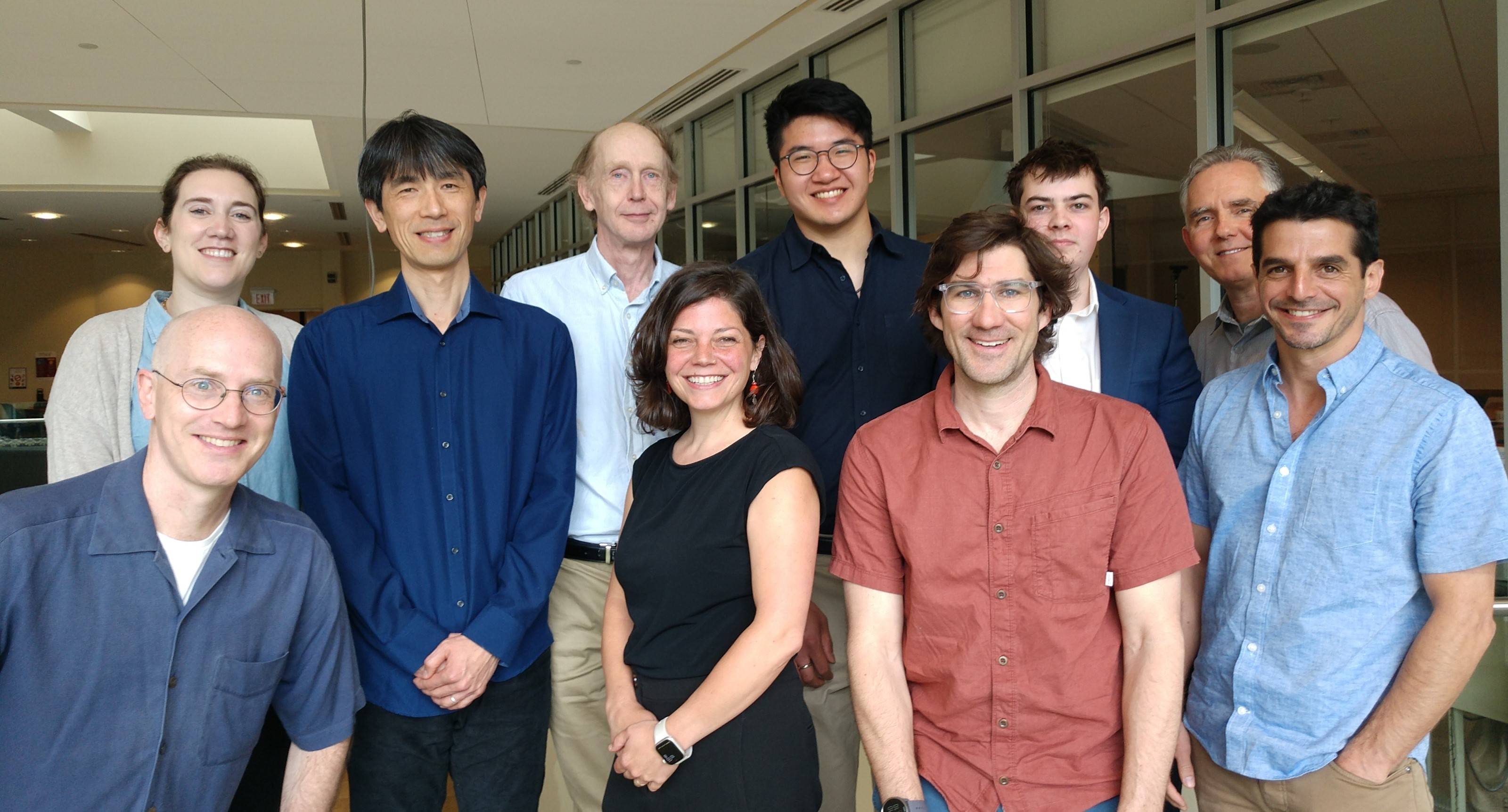 Honors thesis students with Geography Department.  L-R: Professors Madeline Hamlin, Peter Klepeis, Daisaku Yamamoto, William Meyer, Emily Mitchell-Eaton, Tingkuan Hsieh '24, Professor Mike Loranty, Garrett Kalter '24, Professors Adam Burnett and Teo Ballvé.