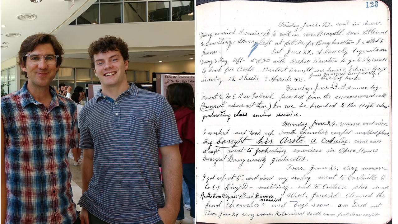 Professor Mike Loranty (left) with Thomas Butler ’24 at the Summer Undergraduate Research Seminar and June 24, 1912, diary entry (right) detailing the purchase of the Rhoades family’s first car.