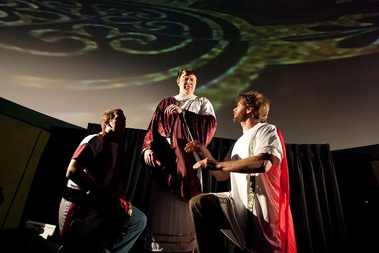 Actors in Roman costumes in the Ho Tung Visualization Lab