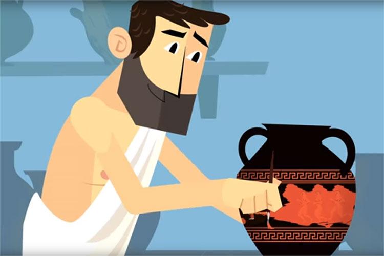 Cartoon illustration of an ancient Athenian in a toga paint a piece of pottery