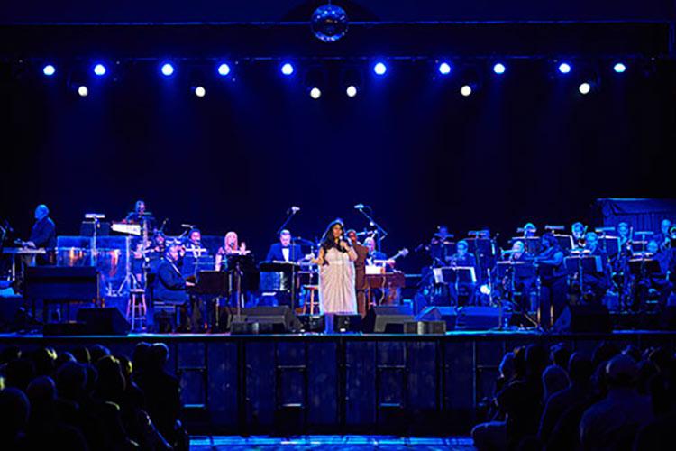 Aretha Franklin and her orchestra on the stage in Sanford Field House