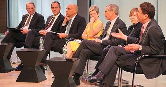 Jeff Fager '77 (left), chairman of CBS News, moderates the panel discussion at The TimesCenter. (Photo by Lorenzo Ciniglio)